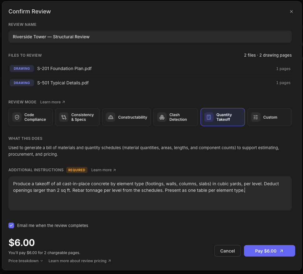 The Confirm Review dialog with Quantity Takeoff selected, a takeoff brief in Additional Instructions, and the price quote