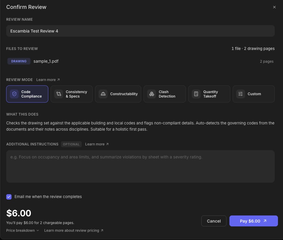 The Confirm Review dialog: review name, files to review, review modes, instructions, and price