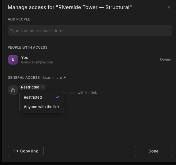 The General access dropdown open, showing Restricted and Anyone with the link