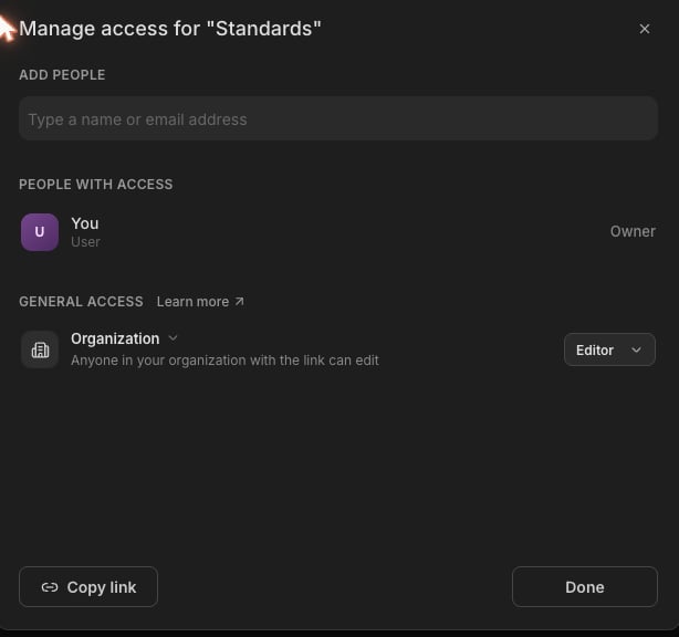 An organization folder with General access set to Organization and default role Editor