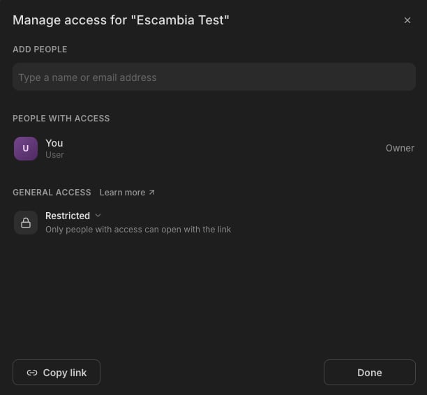 The Manage Access dialog: Add people, People with access with roles, and General access