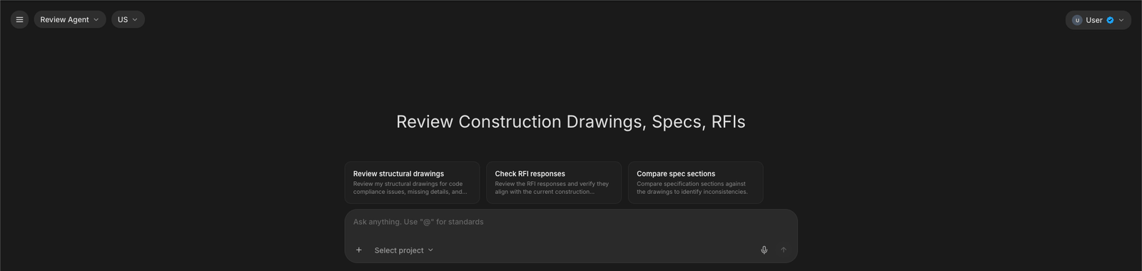 The Review Agent home screen with suggestion cards for reviewing drawings, checking RFI responses, and comparing spec sections