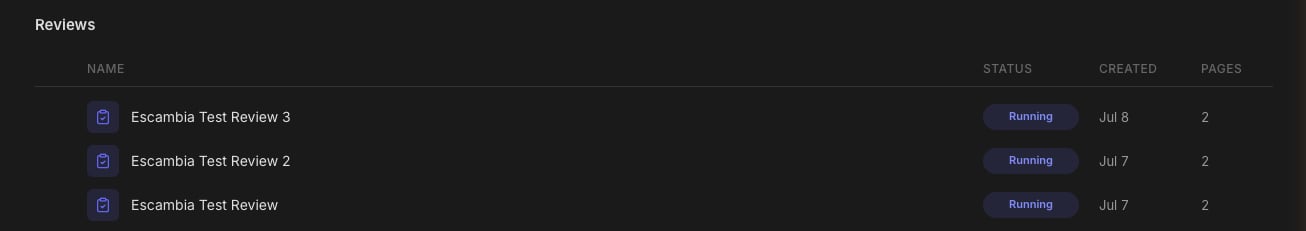 The Reviews section of a folder listing reviews with status, created date, and page count