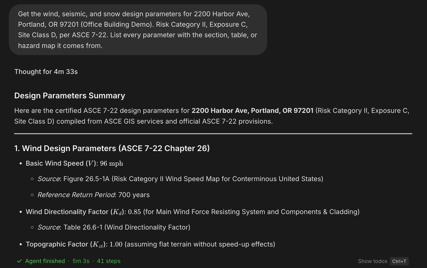 The site brief and the returned wind design parameters, each value listed with its source figure, table, or section
