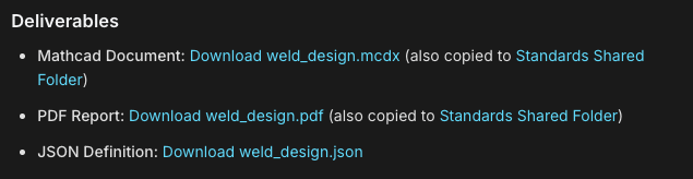 Deliverables list with download links for the Mathcad document, PDF report, and JSON definition