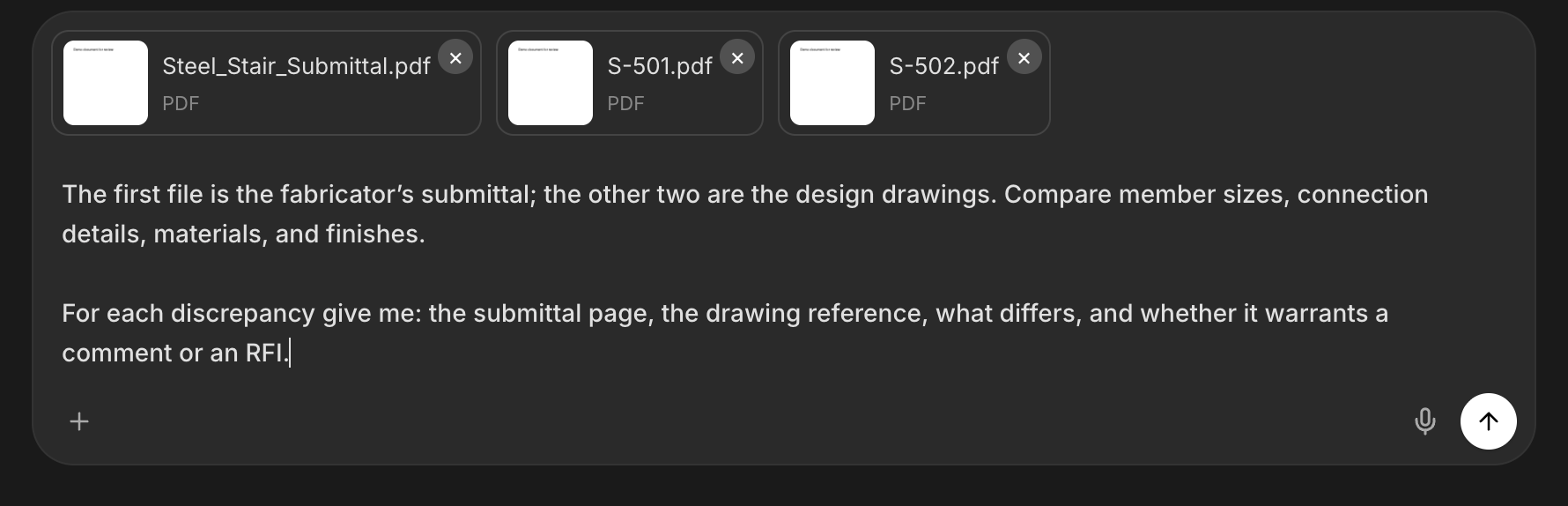 The message box with a submittal and two drawings attached and the review request written out