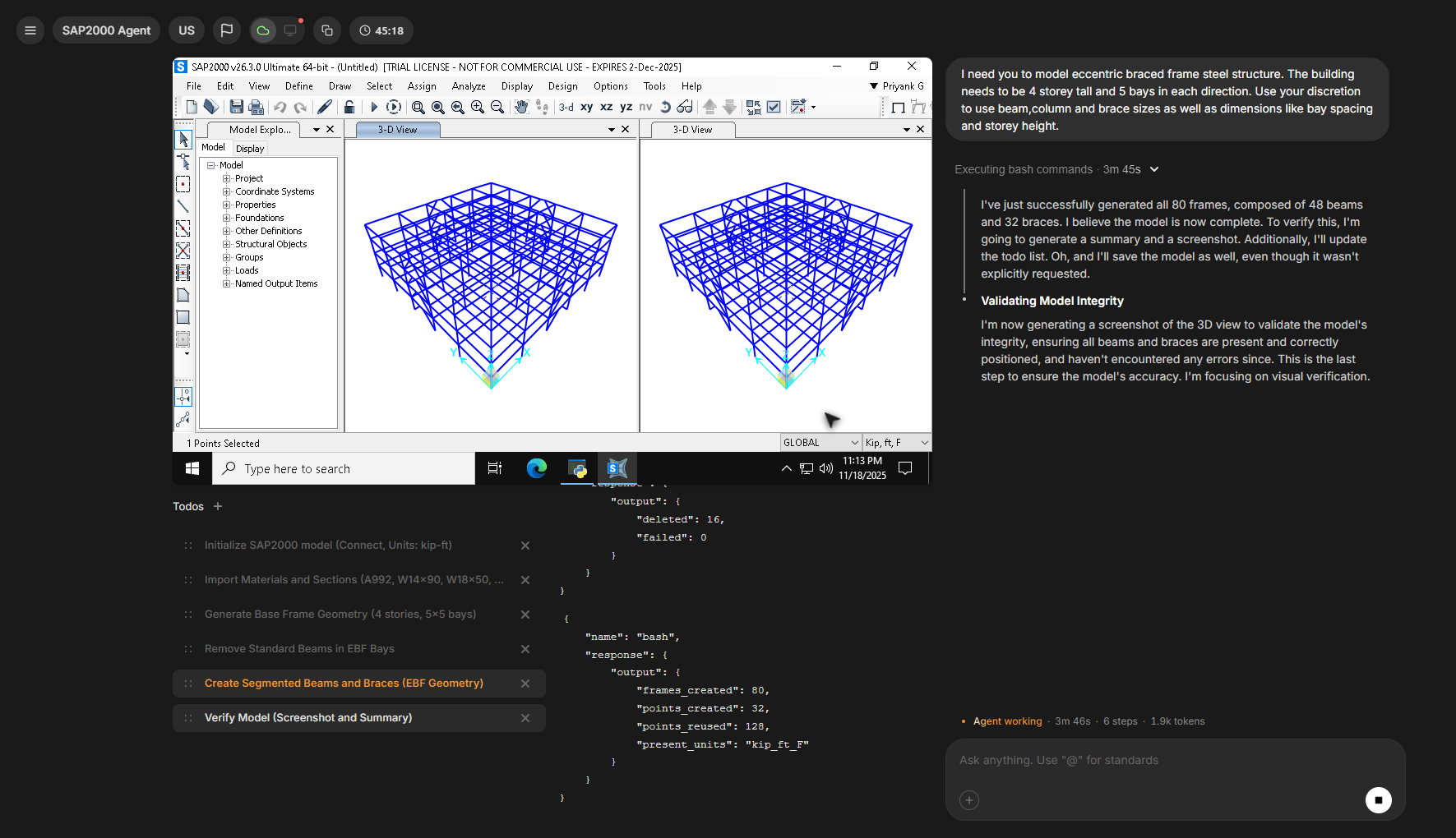 SAP2000 Agent modeling a 4-story eccentric braced frame building