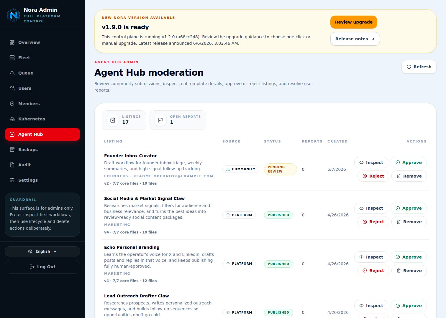 Admin Agent Hub moderation — review queue and listing detail