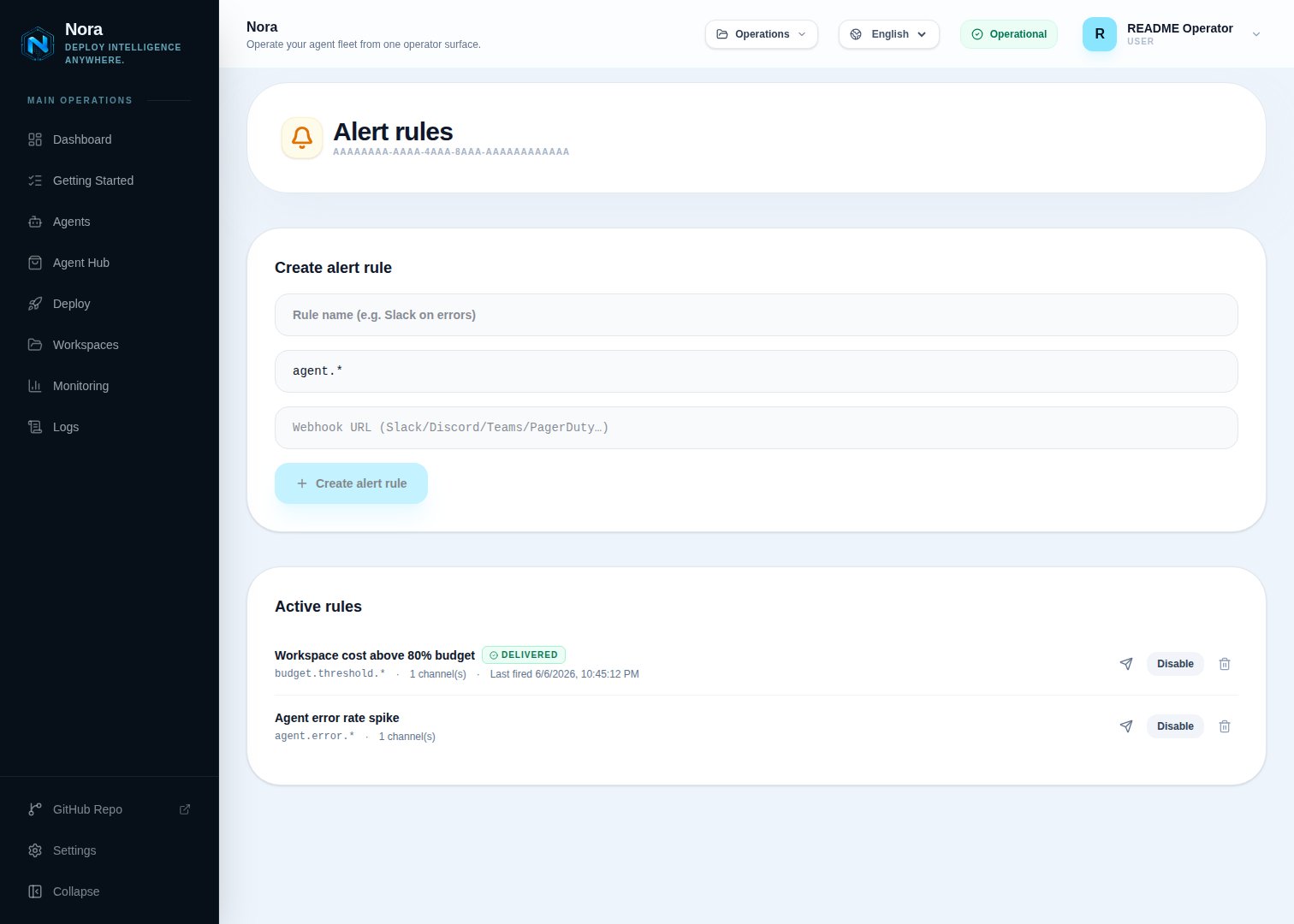 Create-alert-rule form — name, event pattern, and delivery channels