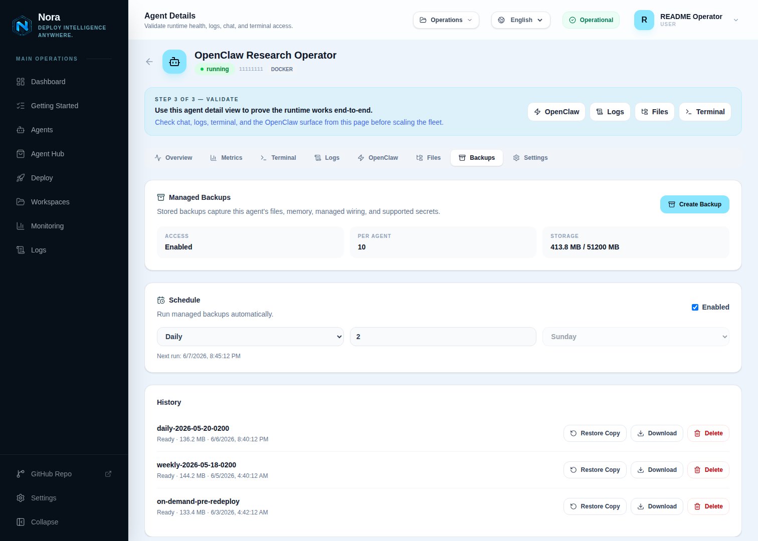 Backups panel — recent agent backups with size, status, and restore actions