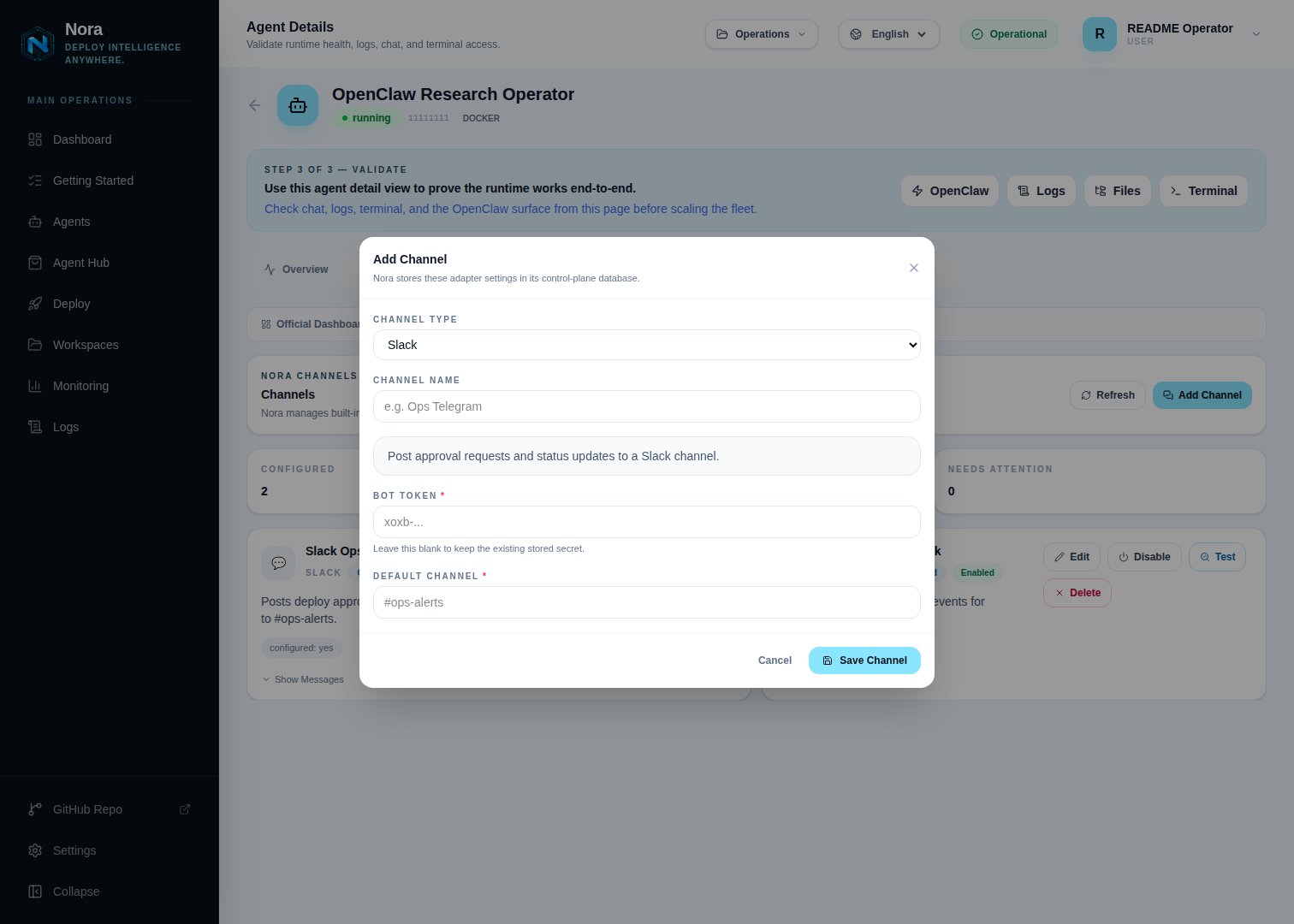 Add-channel form — type, name, and provider-specific credential fields