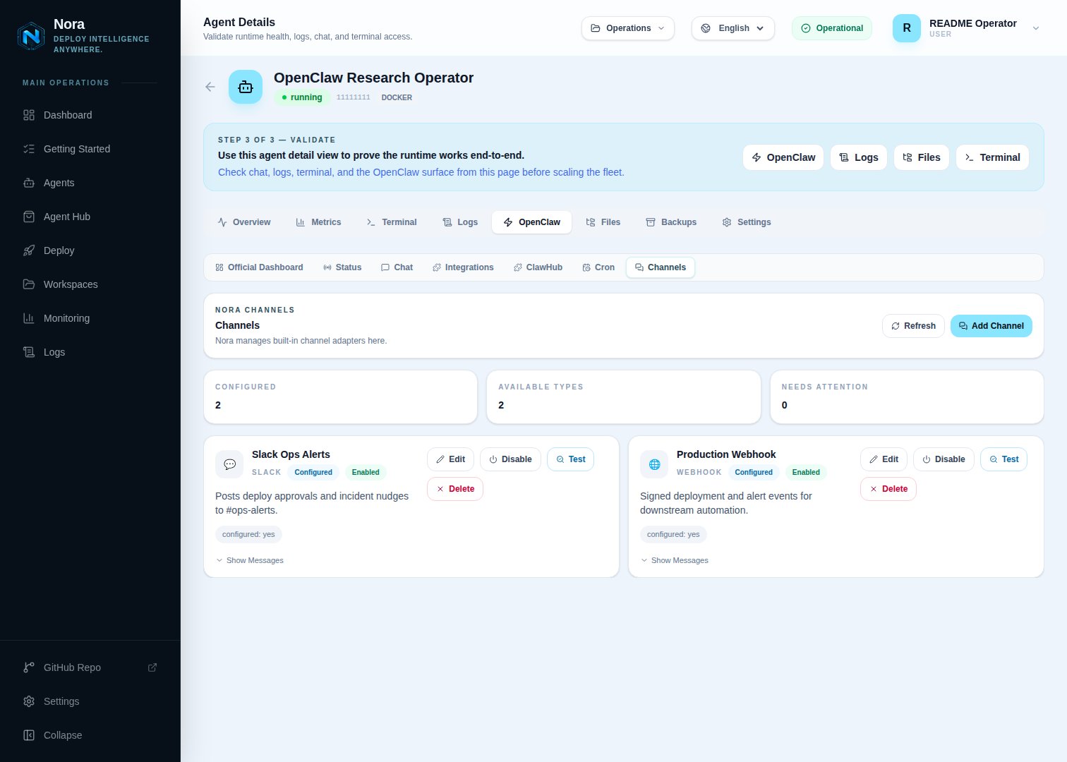 Channels tab on the agent detail page — existing channels with recent message counts
