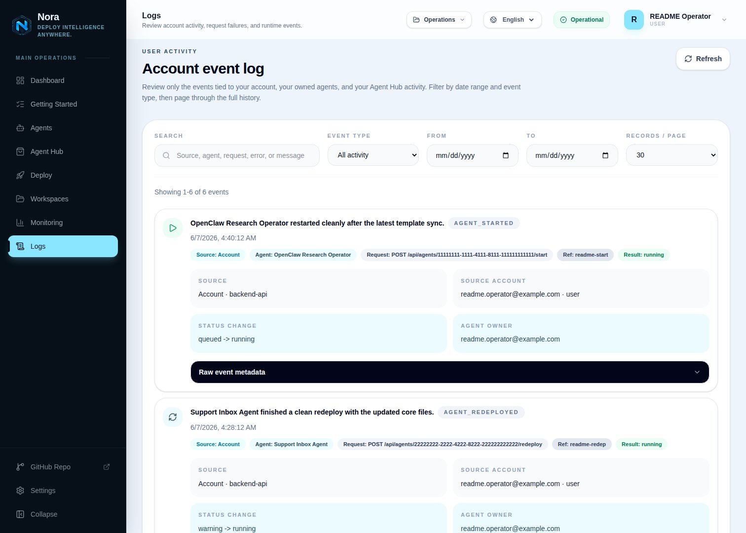 Account event log — recent lifecycle, deploy, and error events for the operator