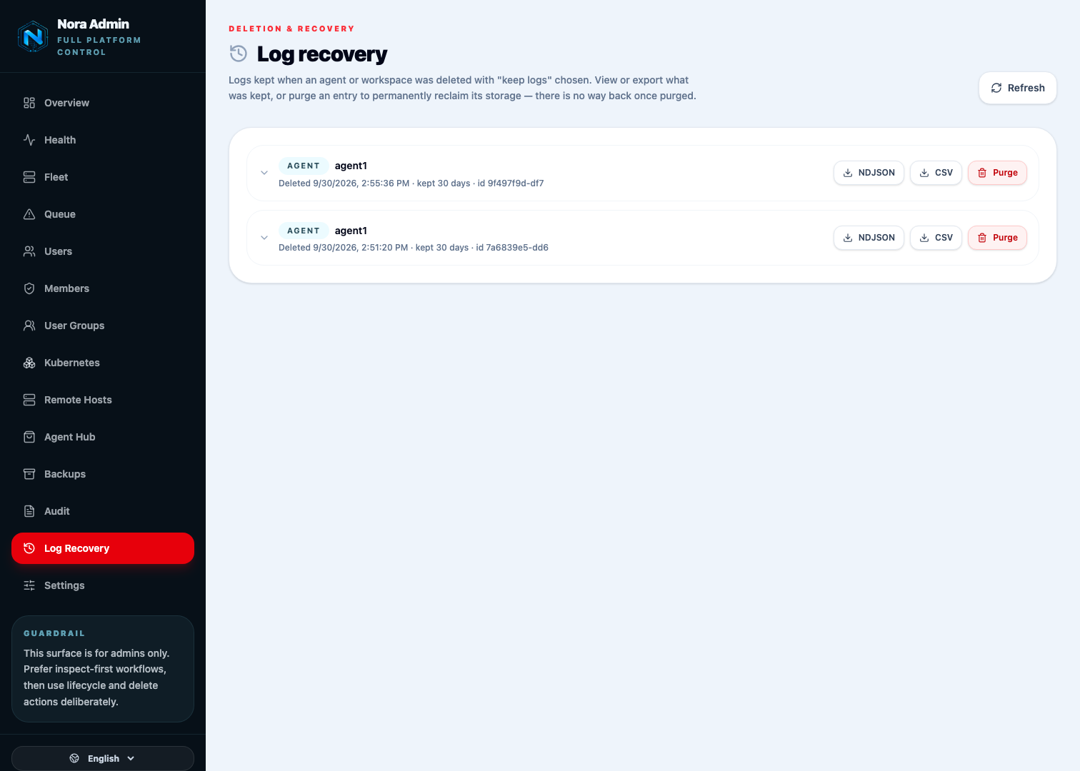 Log Recovery page — kept logs from deleted agents with export and purge actions