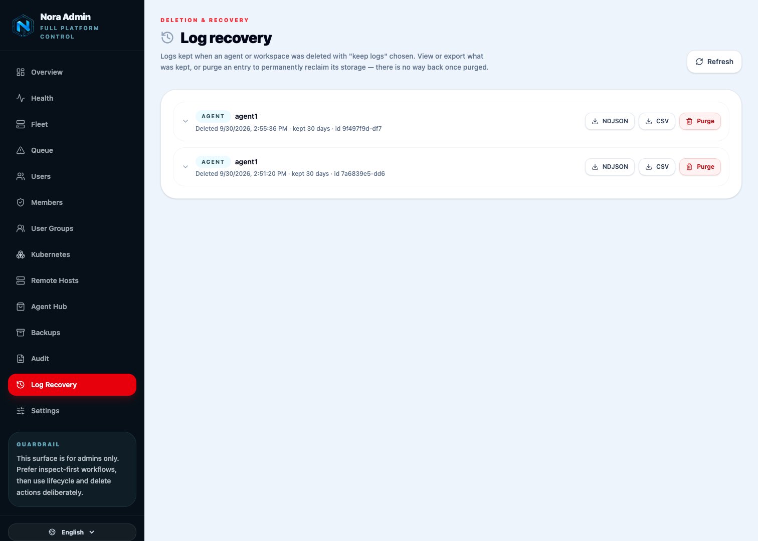 Log Recovery page — kept logs from deleted agents with export and purge actions