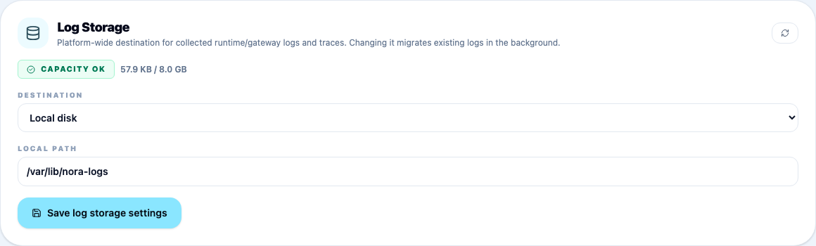 Log Storage card in admin settings — destination, local path, and capacity status