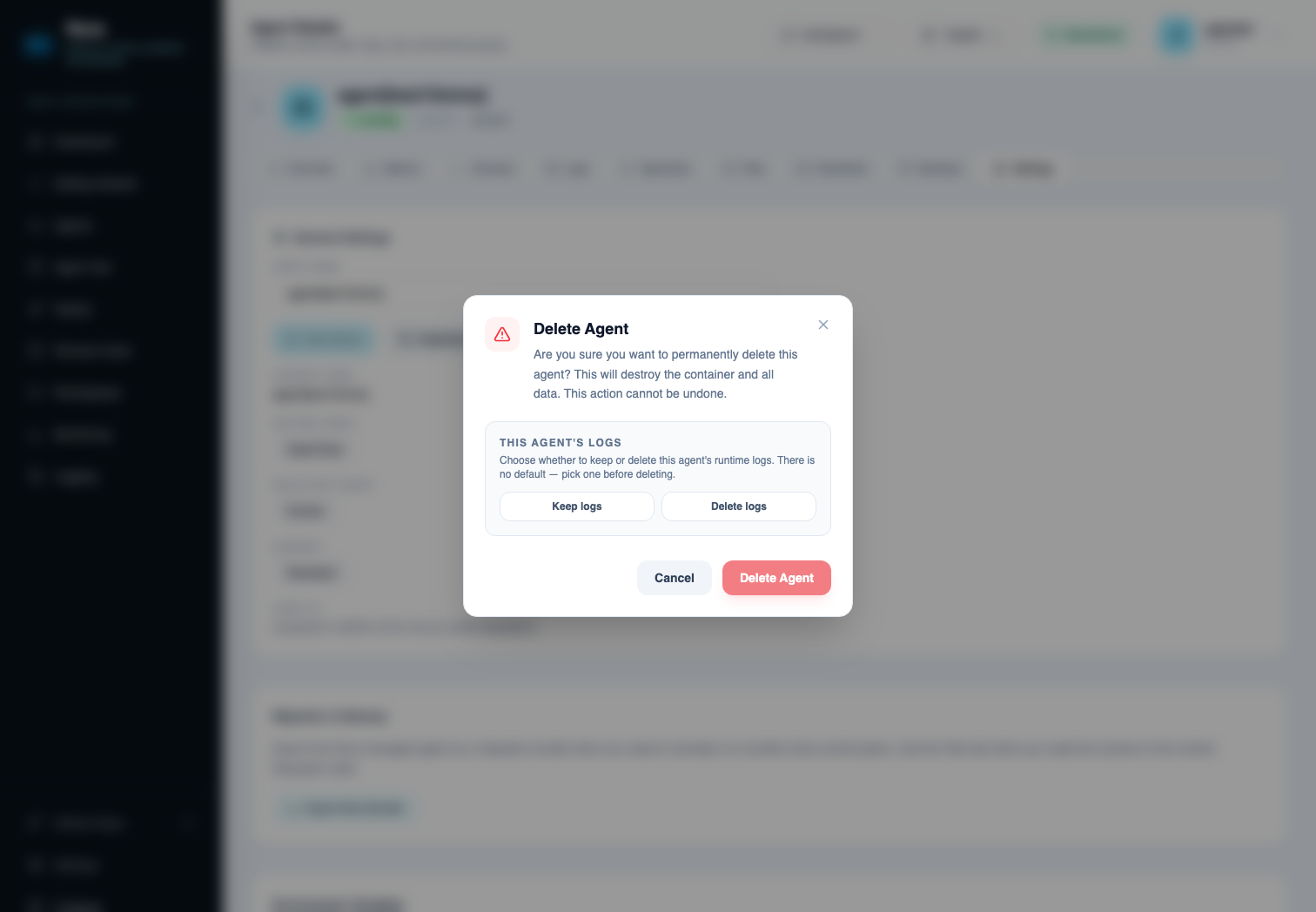 Delete Agent dialog with the Keep logs / Delete logs choice