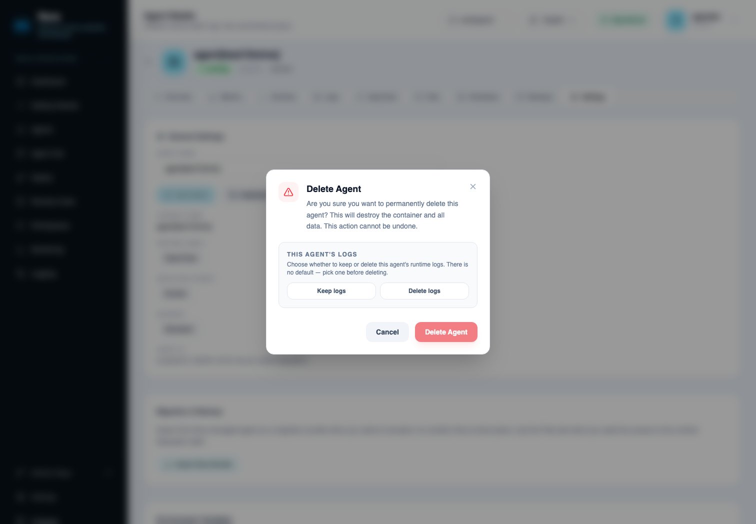 Delete Agent dialog with the Keep logs / Delete logs choice