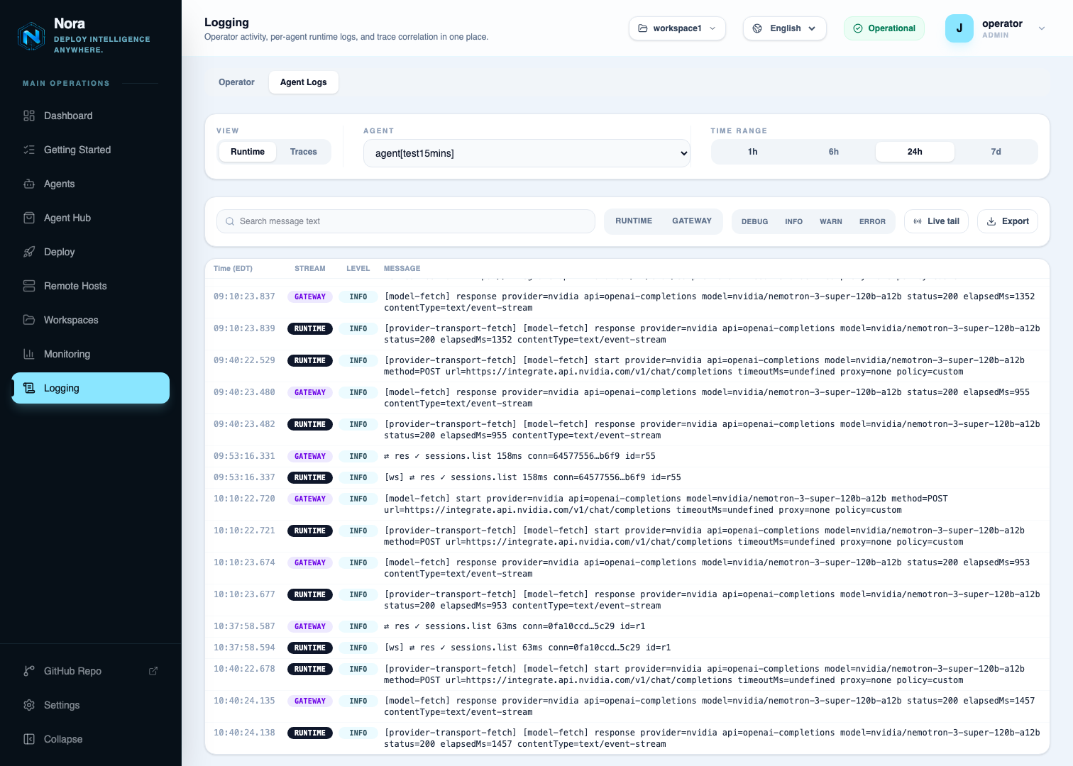 Agent Logs → Runtime view — one agent's runtime and gateway lines with search, filters, live tail, and export