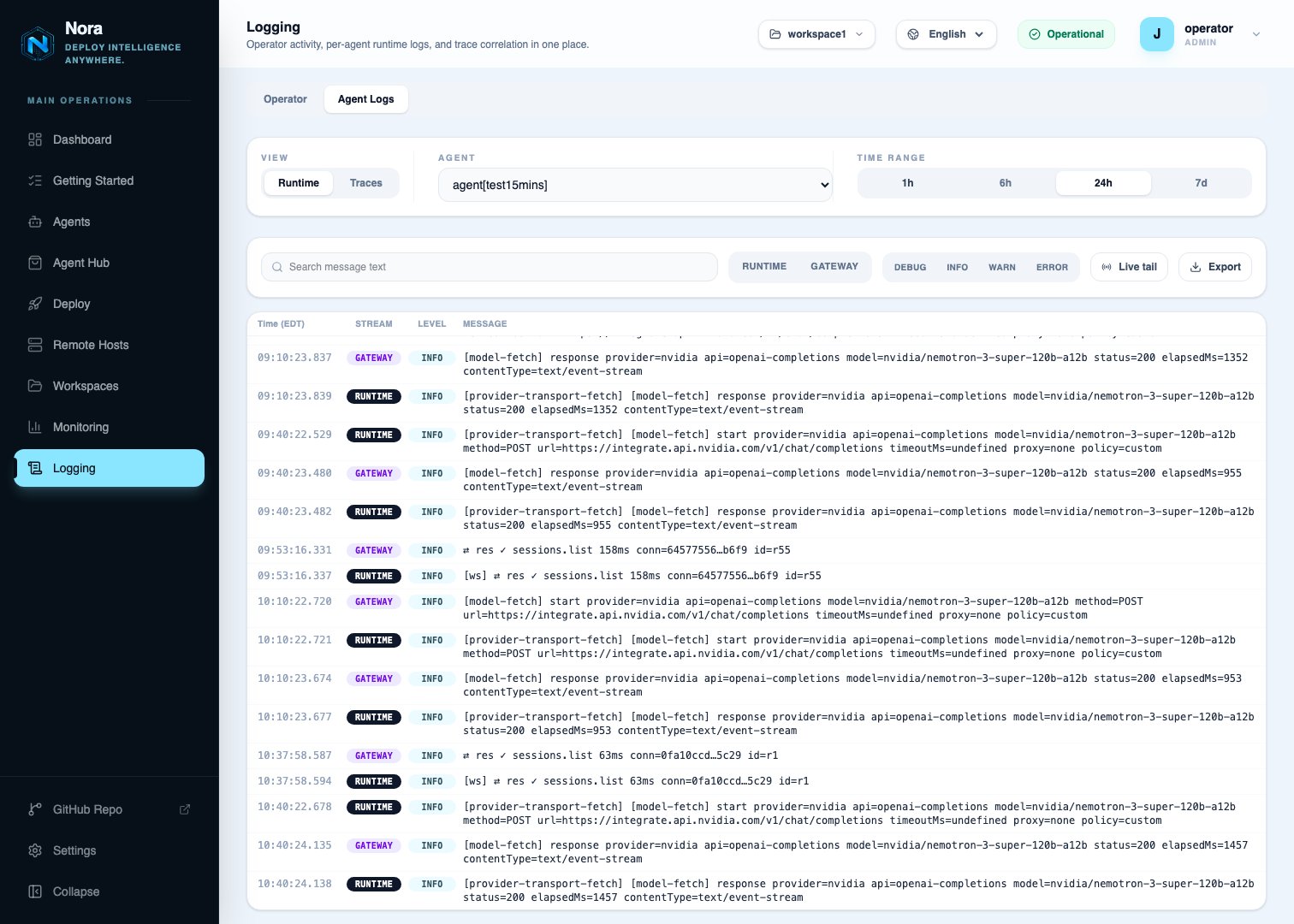 Agent Logs → Runtime view — one agent's runtime and gateway lines with search, filters, live tail, and export