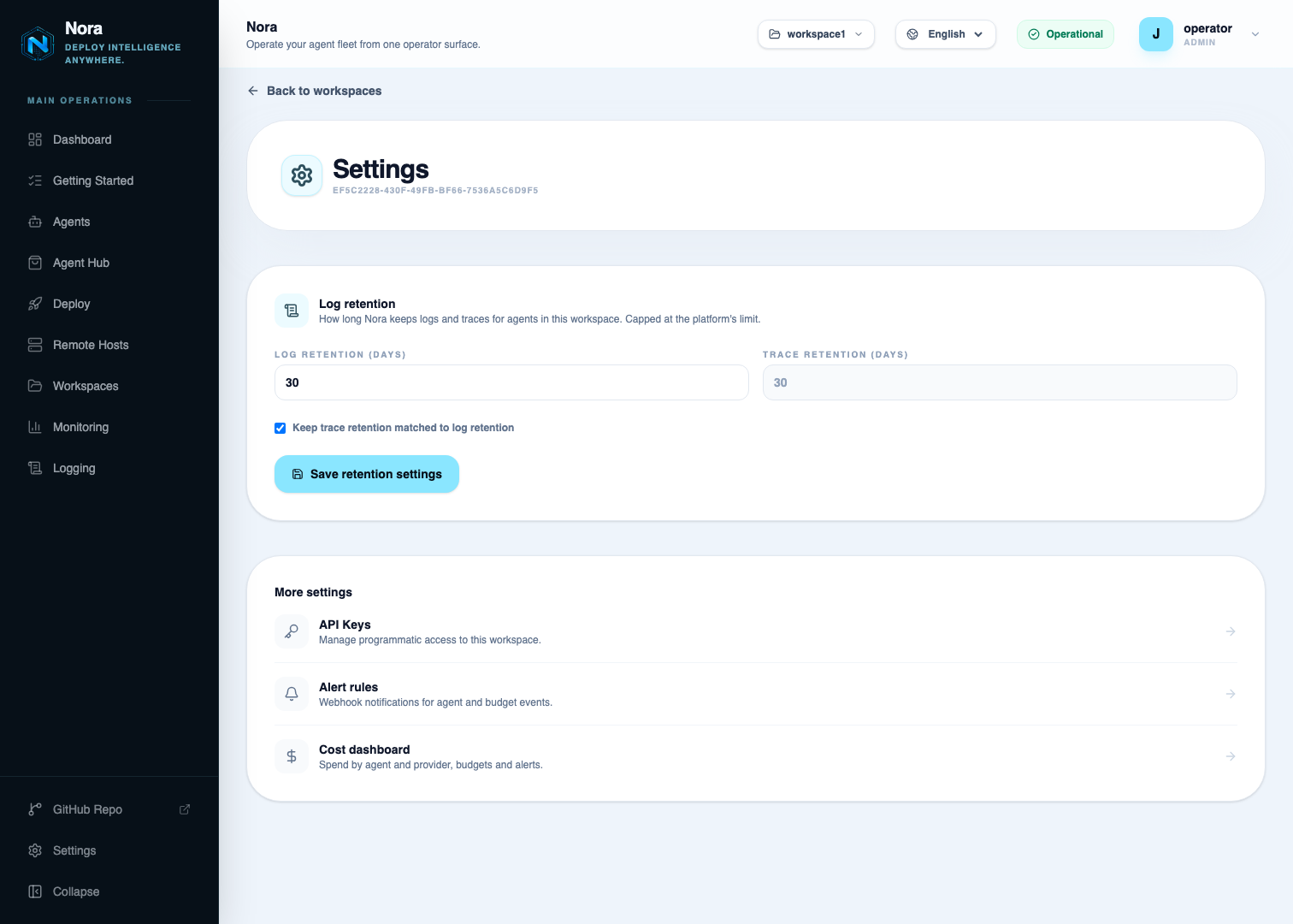 Workspace settings — Log retention, with the log and trace retention fields