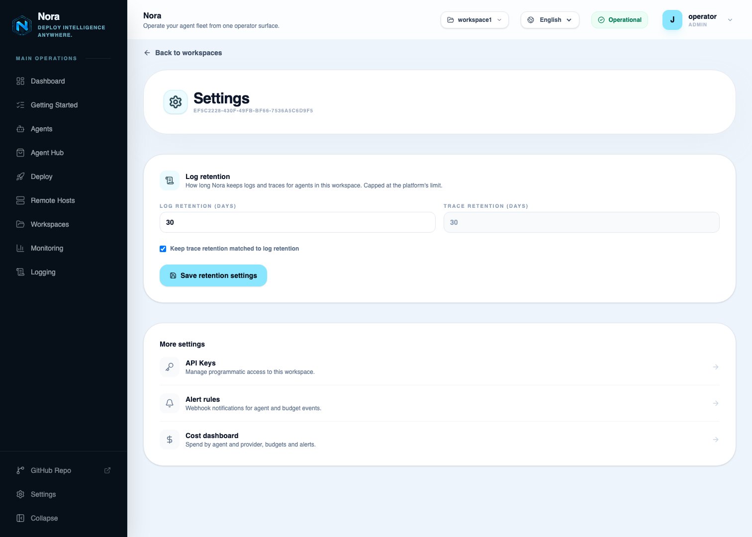 Workspace settings — Log retention, with the log and trace retention fields