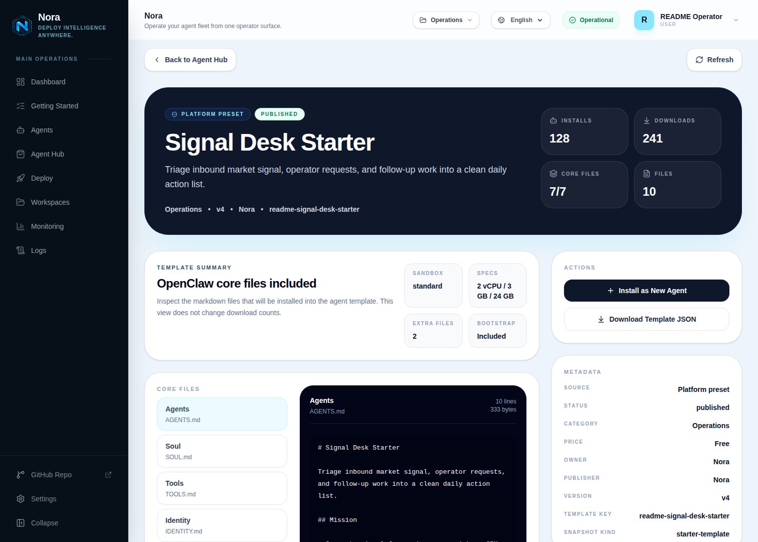 Install dialog — workspace + agent-name confirmation before materializing the listing