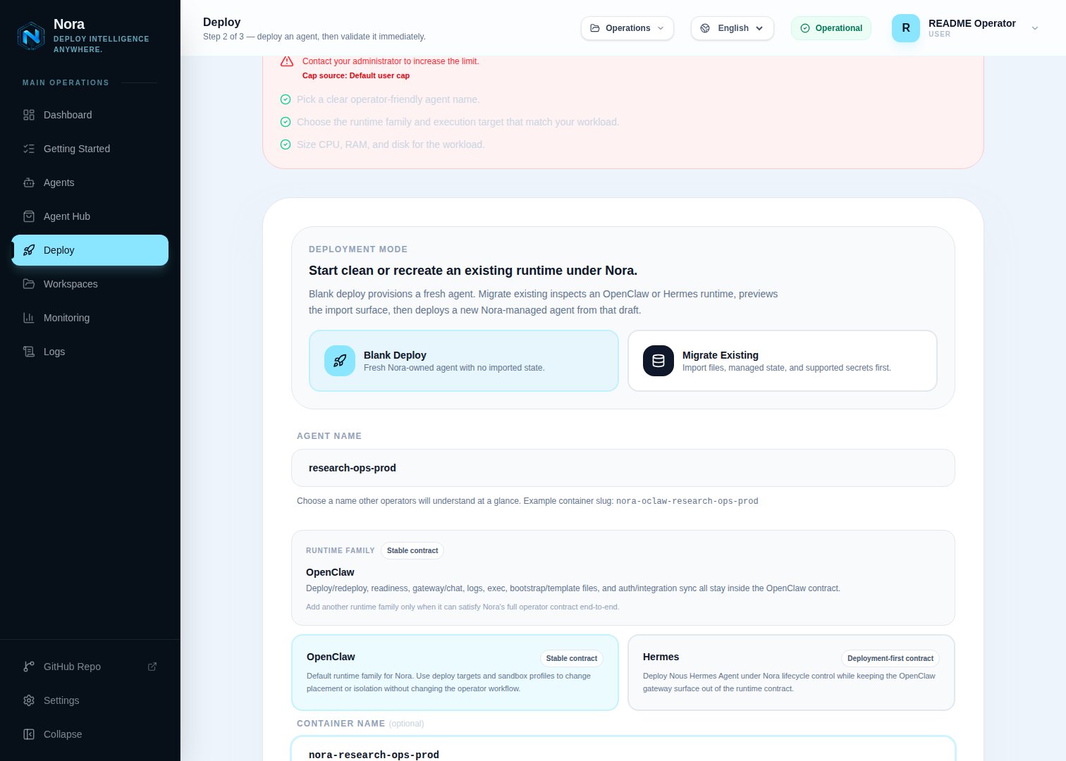 Deploy wizard — runtime + sandbox selection