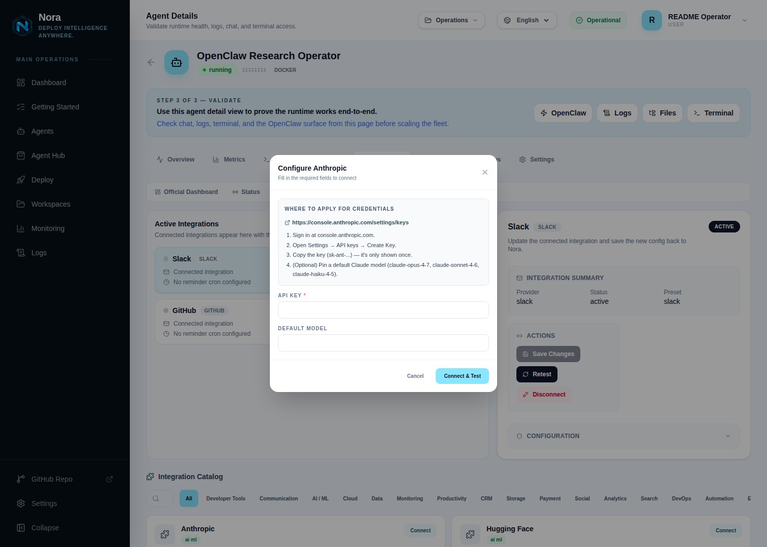 Connect form — credential entry for a selected provider