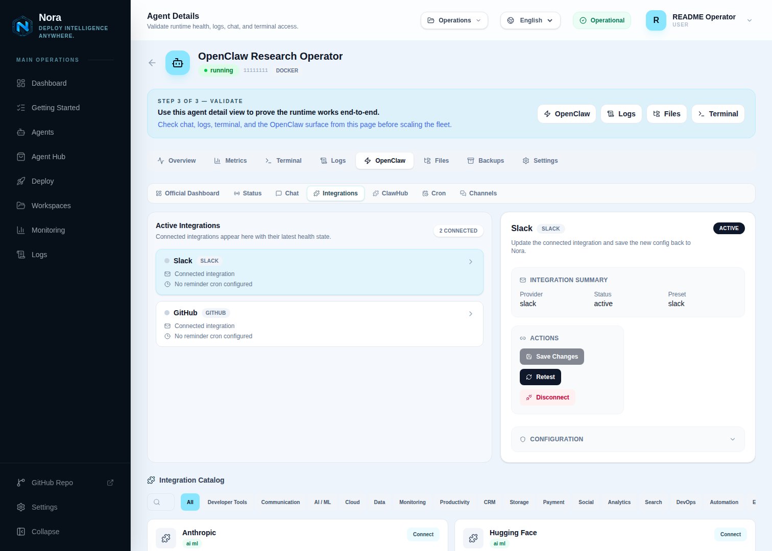 Integrations panel on the agent detail page — connected accounts and catalog