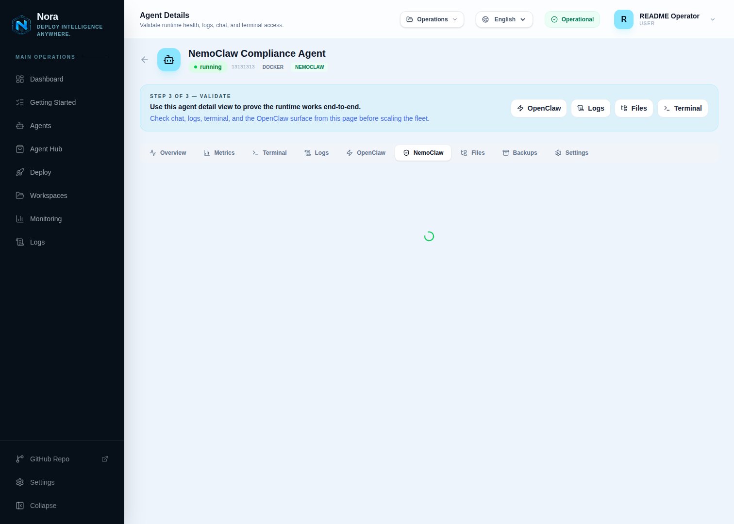 NemoClaw tab on the agent detail page — sandbox state and policy summary