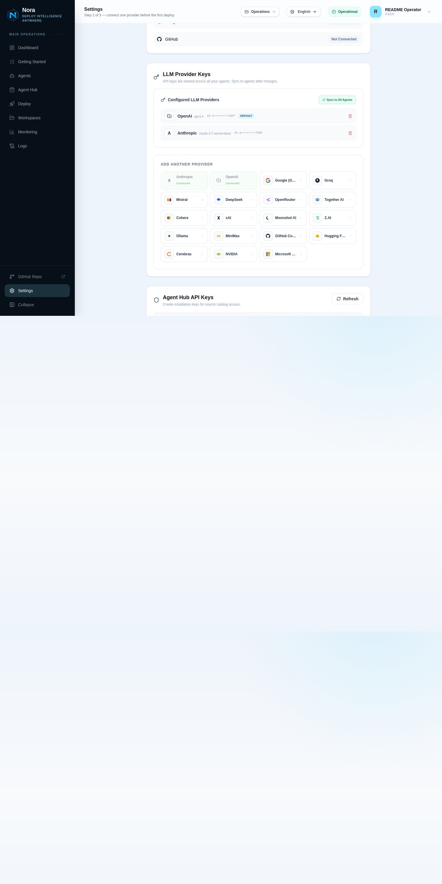 Settings — saved provider keys with masked previews and default-provider star