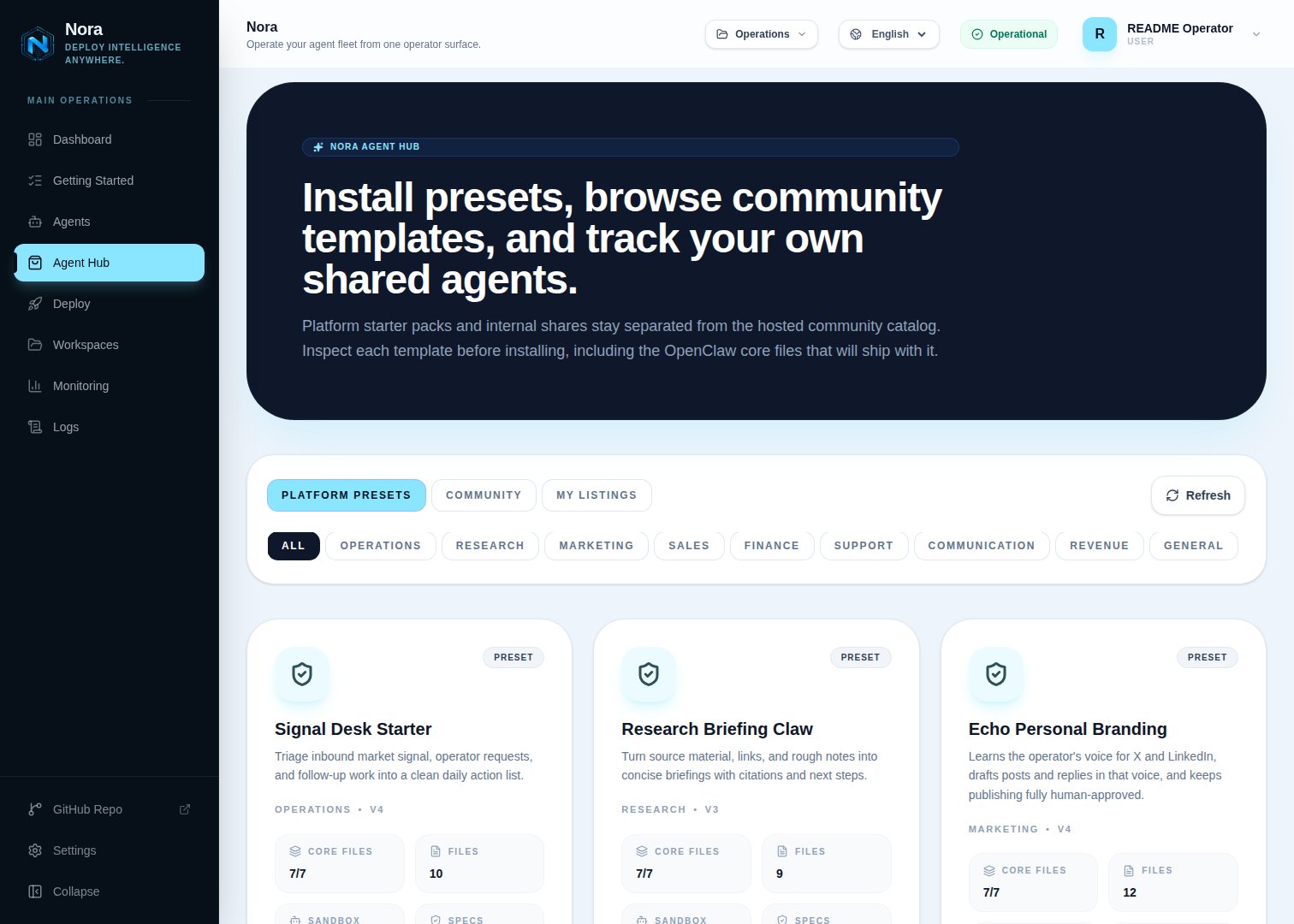 Agent Hub — preset and community listings grouped by source