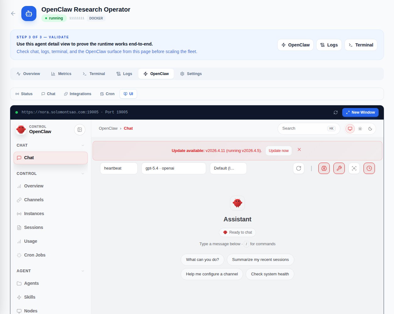OpenClaw gateway embedded in the agent detail page