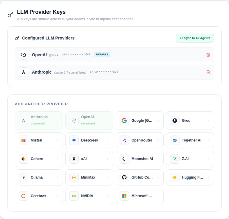 Settings — LLM provider keys section with masked entries