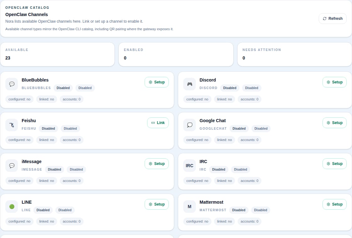 Channels tab on the agent detail page — OpenClaw catalog rows and channel actions