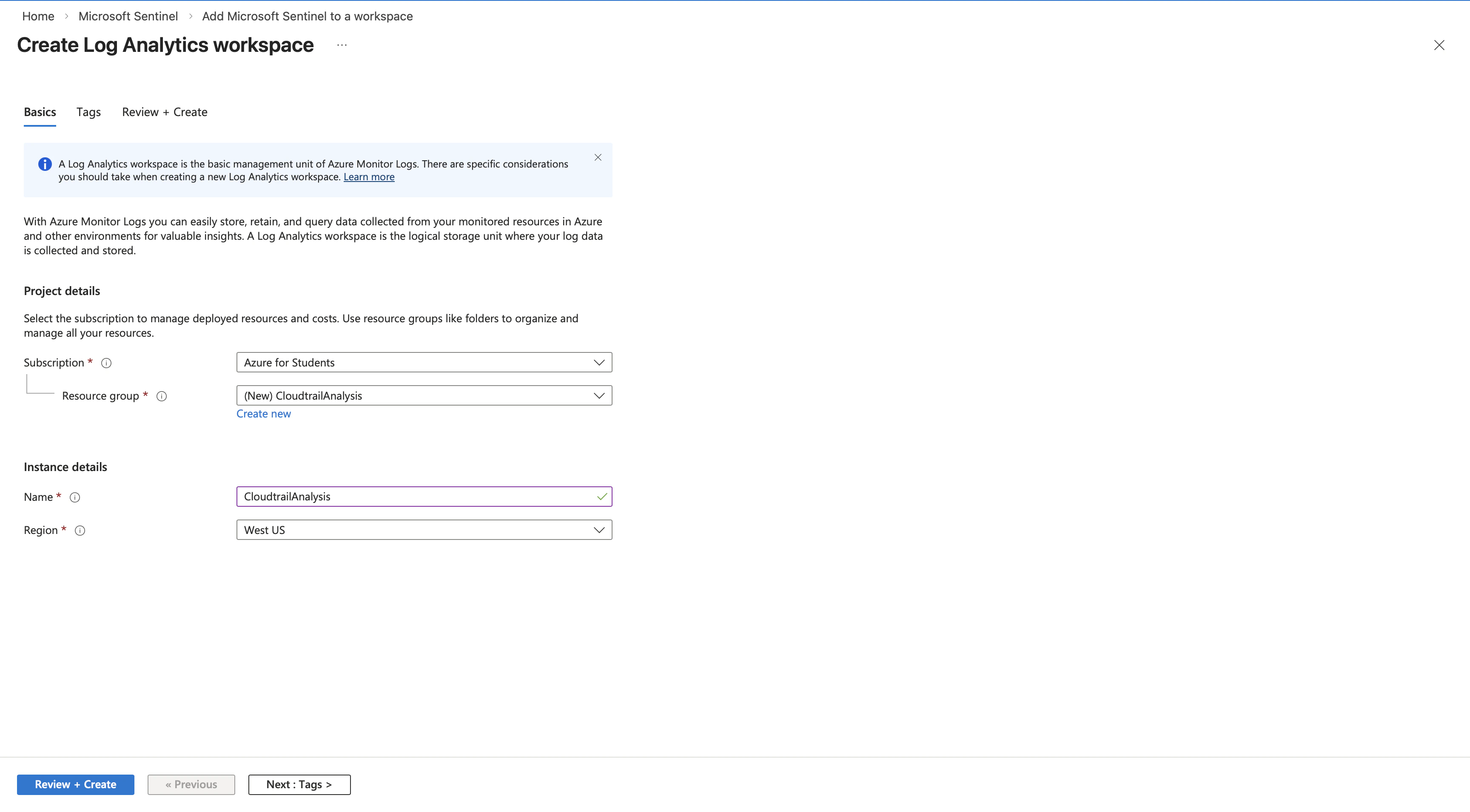 sentinel create log analytics workspace