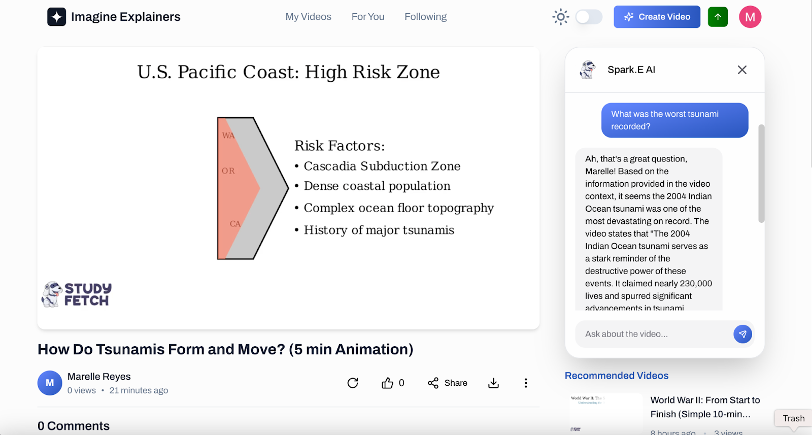 While watching, feel free to ask Spark.E, your AI assistant, any questions to deepen your understanding of the topic you're learning. Spark.E is here to help clarify concepts and provide additional insights! Image showing the explainer video view page, the chat box on the right side initiated by the question "What was the worst tsunami recorded?"