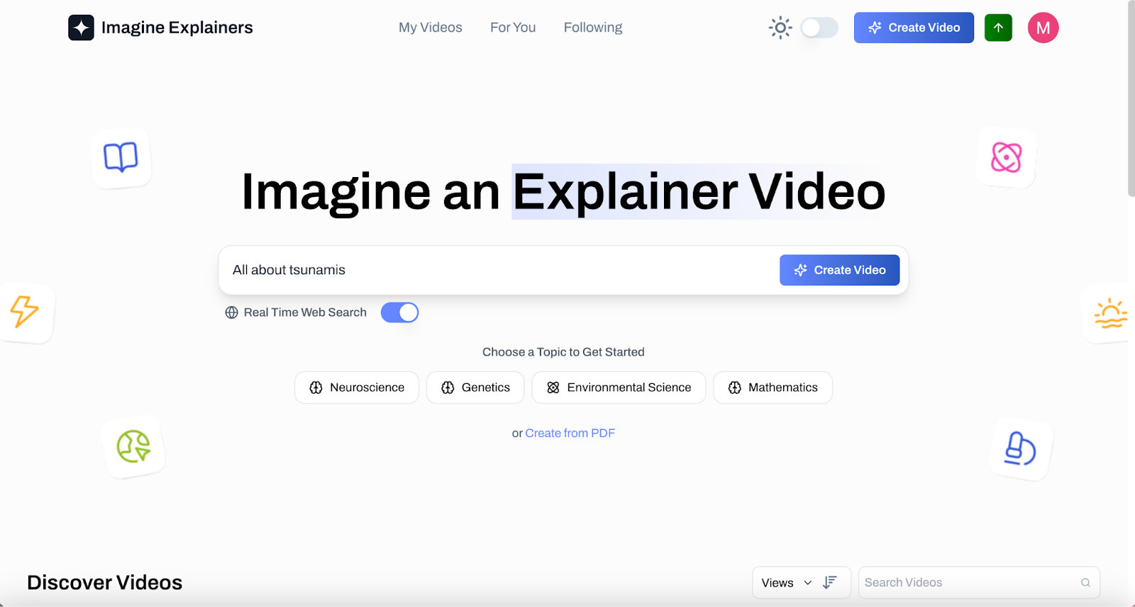 On your homepage, you will immediately see a text box prompt where you can type in what you want to learn about. You can also tick the Real Time Web Search button to allow the AI to use real time data and get the latest information about your topic from the internet Image showing the Imagine Explainer landing page, "All about tsunamis" placed on the text