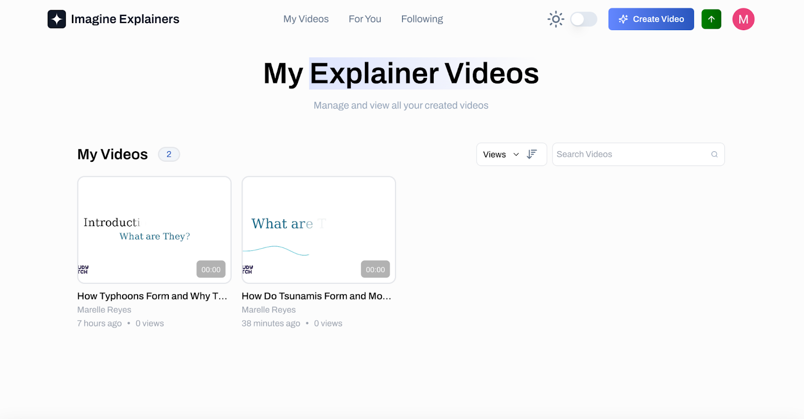 The My Videos page stores all of the videos you have created using Imagine Explainers Image of the Imagine Explainers My Videos page