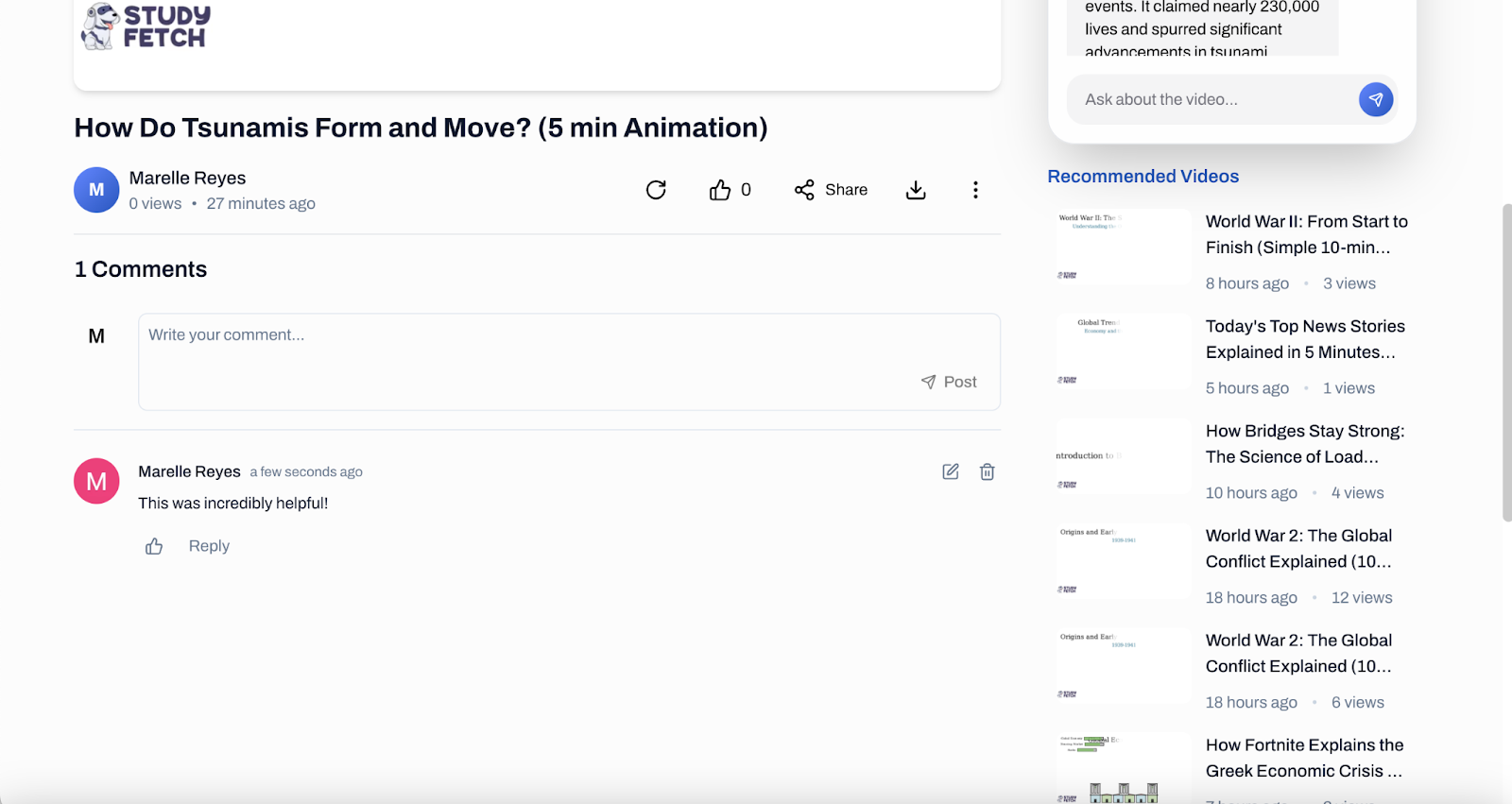 Scrolling down, you will see a comment section. On the right side, a list of recommended videos Image of the comment section of the explainer video, Recommended Videos section also visible