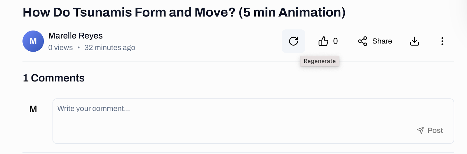 If you are not satisfied with the video that has been generated, you may click on the Regenerate button so it can create a new one. The icons next to that is the Like button, the Share button, and the Download button Image of the explainer video title and on the right side, highlighted on the Regenerate button