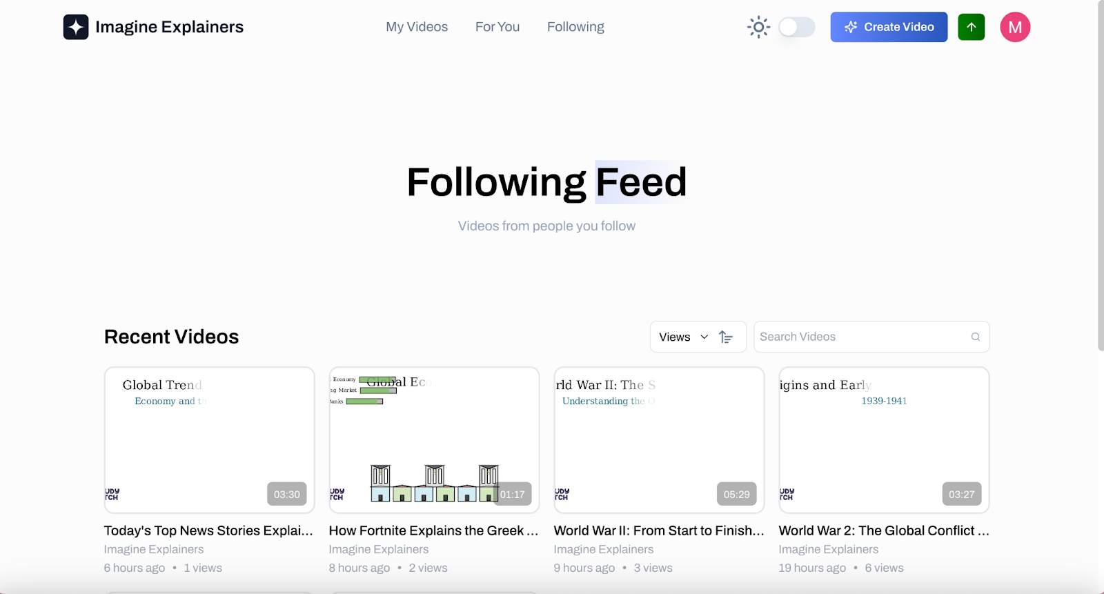 The Following page will show you videos created from the people you follow Image of the Imagine Explainers Following page