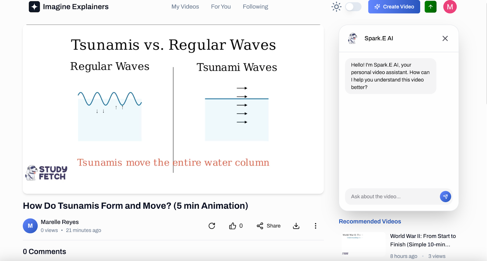 After 5 minutes, your Explainer video will be generated. Image of the explainer video view page, video titled How Do Tsunamis Form and Move?