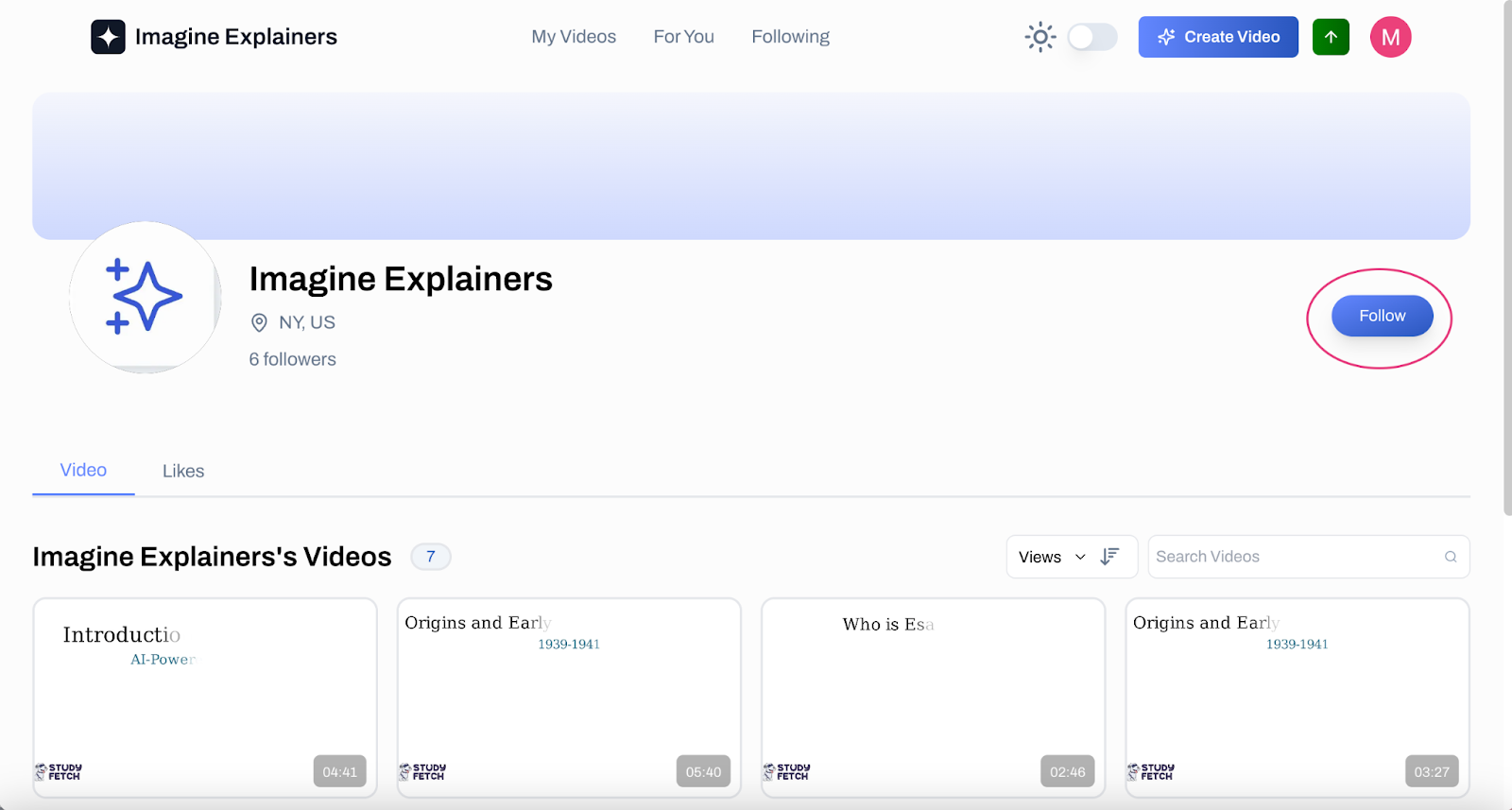 On their profile page, click on the Follow button on the right side Image of the Imagine Explainers profile, a red circle over the Follow button