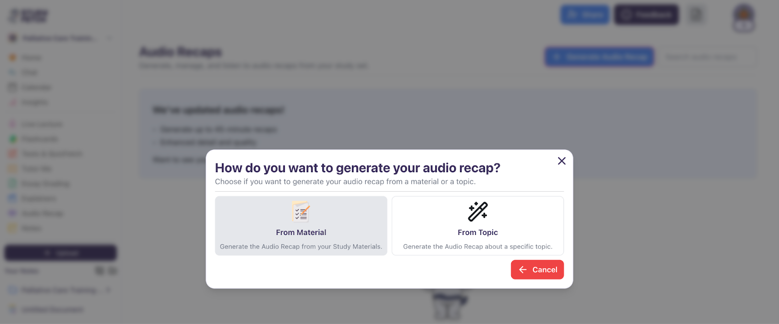 Choose From Material to use your uploaded files Image showing options for generating an audio recap, hovering over 'From Material.'