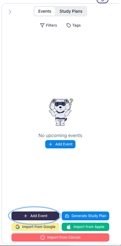 Click anywhere on your calendar or the bottom of your Events page and click on + Add Event to add an event manually. Image of the Events view, Add Event circled in blue