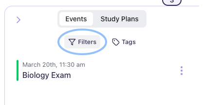 If you are looking for a specific event, you may use the Filter button near the top of your Image of the top portion of the events page, "Filters" highlighted in blue