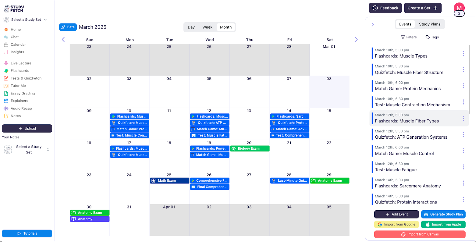 Once you've accepted the study plans, it should now reflect on your Calendar Image of the Calendar overview, the generated study plans now added to the calendar and events page