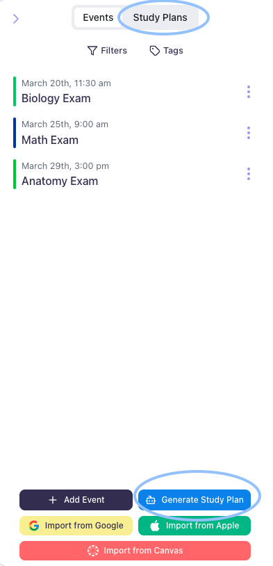 To generate a Study Plan, simply click on Generate Study Plan. You may also go to the Study Plans tab and choose Generate Study Plan with AI Image of the Events page, Study Plans and Generate Study Plan highlighted in blue